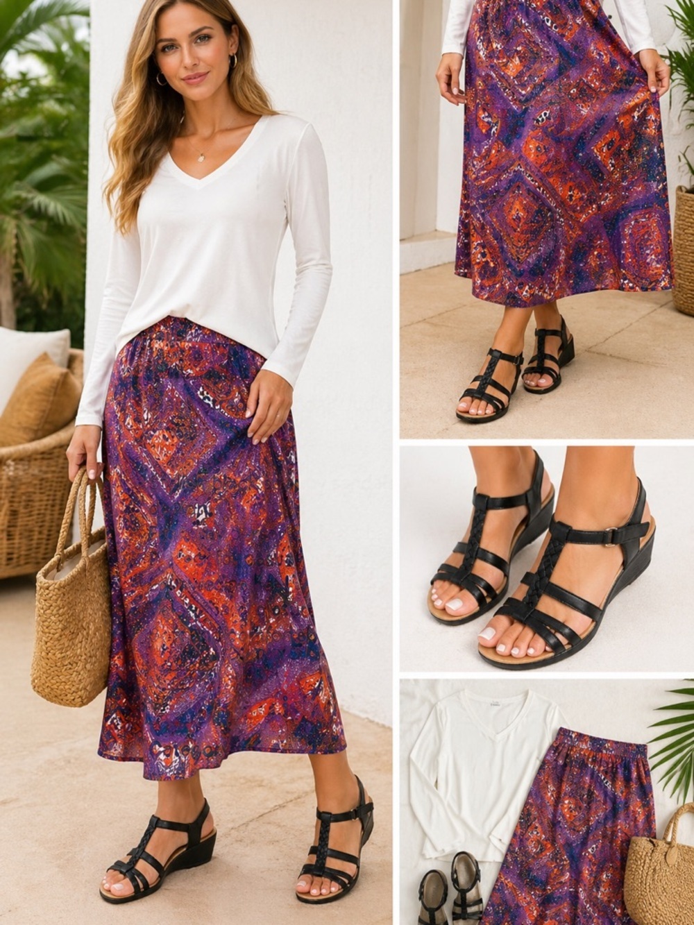3 PC Bundle Boho Maxi Skirt Outfit /WhiteTop /Back Sandals/ Summer Vacation Look